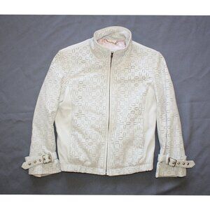 Guess White Bomber Leather Jacket Women's Size XS wrist tie Zip up Laser cut